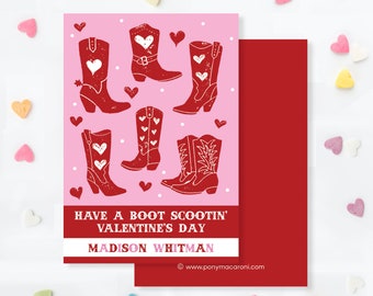 Western Pink Cowboy boots Valentine Exchange Cards Classroom Equestrian cards