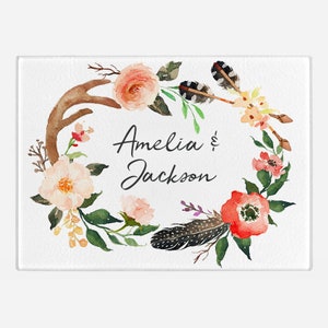 Boho antlers Feather Wreath Personalized Glass Cutting Board