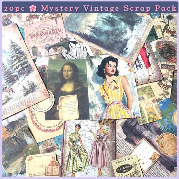 Mystery Vintage Ephemera Pack – 20pc Junk Journal Scrapbook Paper & Collage Kit