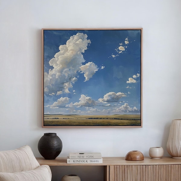 Prairie Horizon Oil Painting, Blue Sky Landscape, Calm Nature Wall Art