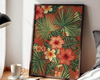 Decoración de pared con motivos florales de hibisco, lámina botánica exótica, hojas de la selva.