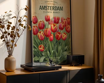 Amsterdam Flower Market Tulip Wall Art Print, Vintage Botanical Poster, Colorful Floral Illustration for Living Room and Home Decor