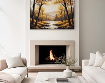 Golden Autumn Forest Canvas Art, Warm Fall Landscape Wall Decor for Living Room, Bedroom, Entryway and Modern Seasonal Interior Design