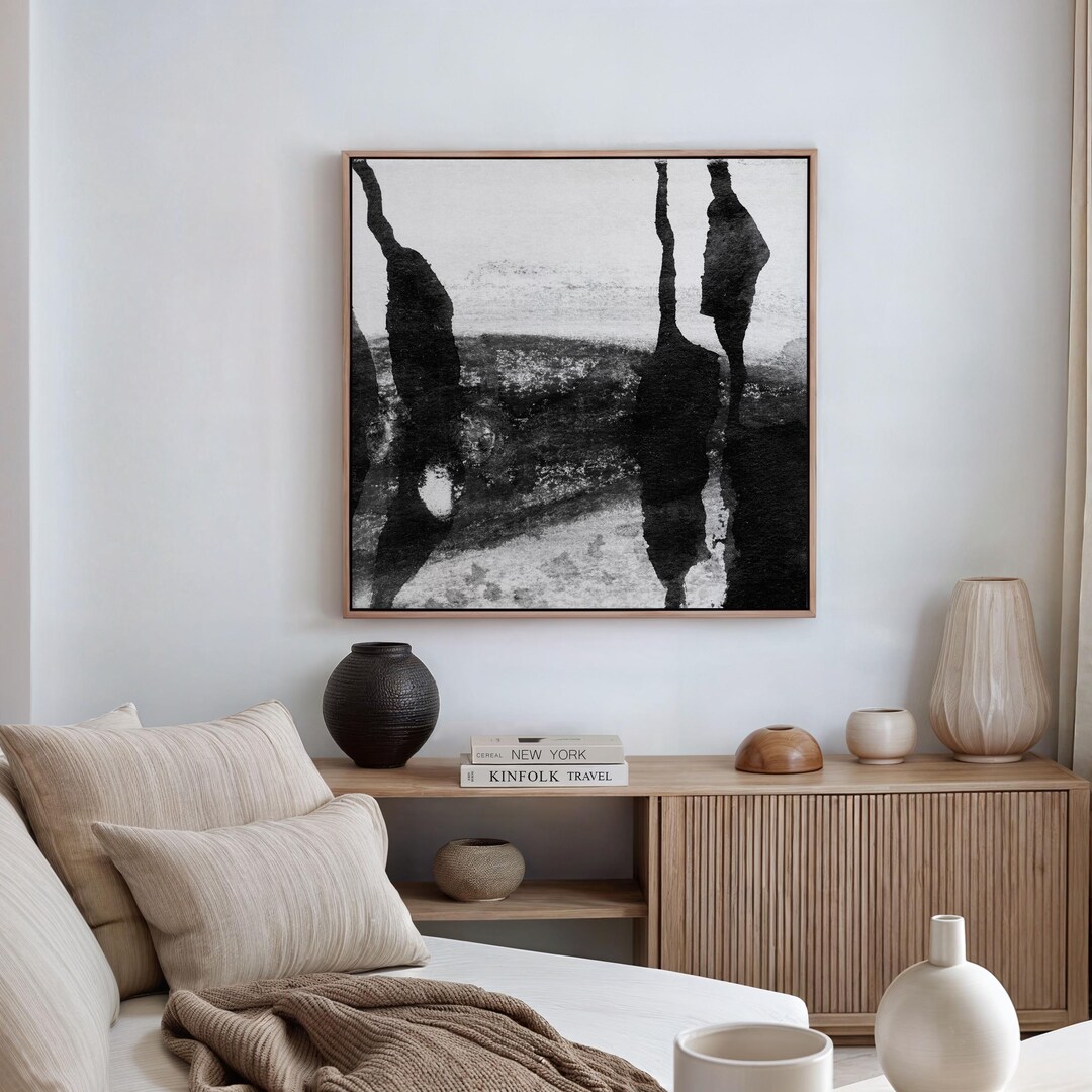 Black and White Wabi Sabi Oil Painting, Minimal Square Abstract Wall ...