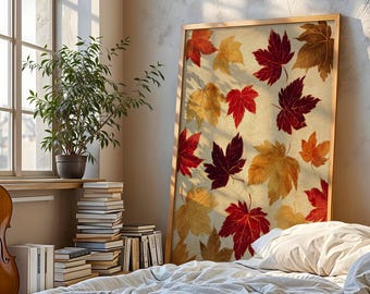 Herbstlaub Art Print - Lebendige Rote, Gelbe & Orange Ahornblätter auf natürlichem Hintergrund, Herbst Wandkunst, Naturinspirierte Dekoration für Zuhause