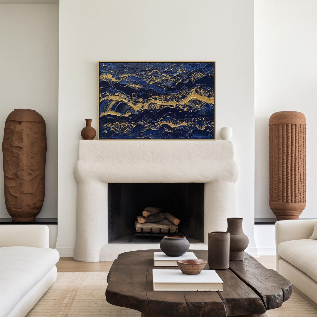 Luxury Navy Blue and Gold Abstract Canvas Art, Modern Textured Wave ...