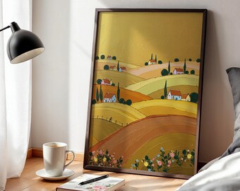 Toscaanse platteland poster muurkunst print, ingelijste glooiende heuvels en dorpslandschap, rustiek geel boerderijdecor voor keuken, eetkamer of hal