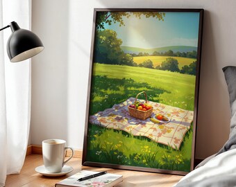 Framed Picnic Meadow Poster Wall Art, Sunny Countryside Print for Kitchen, Dining Room or Cozy Peaceful Summer Relaxing Home Decor