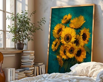 Sunflower Art Print – Bold Yellow Sunflowers with Green Background, Modern Floral Painting for Home or Office Decor, Vibrant Flower Art