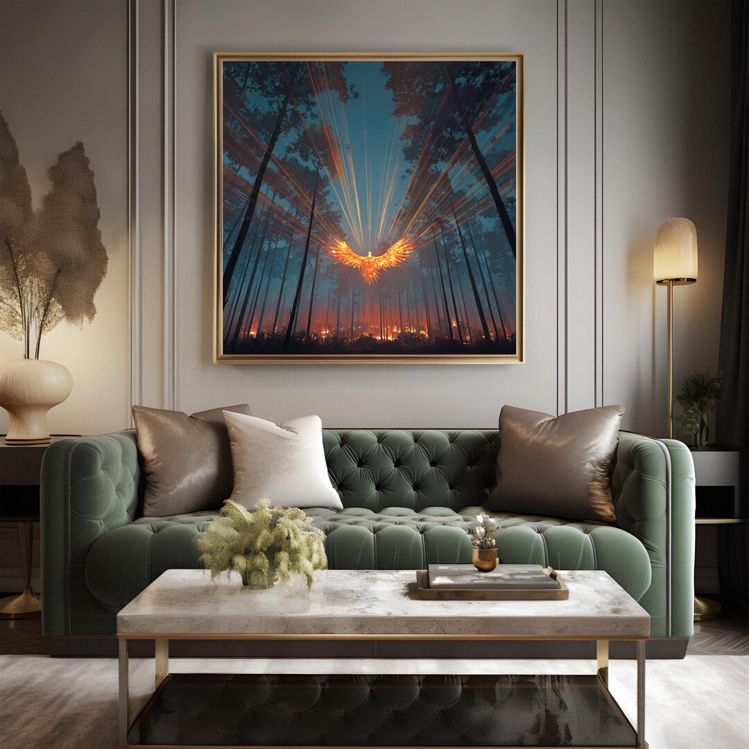 Phoenix Rising Forest Canvas Art, Glowing Fire Bird in Dark Woods With ...
