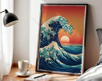 Japanse golf zonsondergang poster oceaan muurkunst, gewaagde minimale zeegezicht print voor zen kust decor woonkamer slaapkamer of meditatieruimte