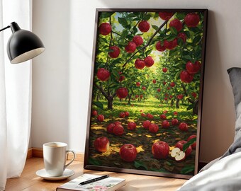 Apple Orchard Poster Wall Art Print, Framed Red Apple Tree Landscape, Rustic Farmhouse Kitchen Decor for Cozy Autumn Harvest Room.