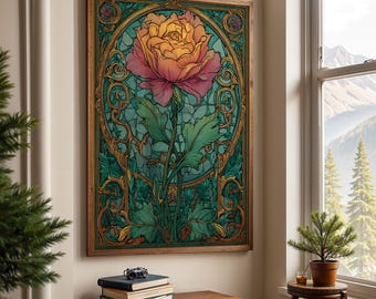 Art Nouveau Rose Wall Art – Botanical Floral Illustration Print, Stained Glass Style Poster for Elegant Nature-Inspired Vintage Home Decor