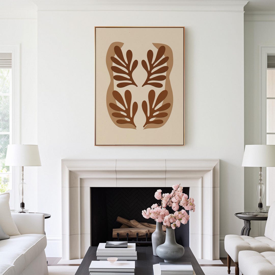Picture of Minimalist Brown Abstract Canvas Wall Art, Modern Geometric Leaf Design ...