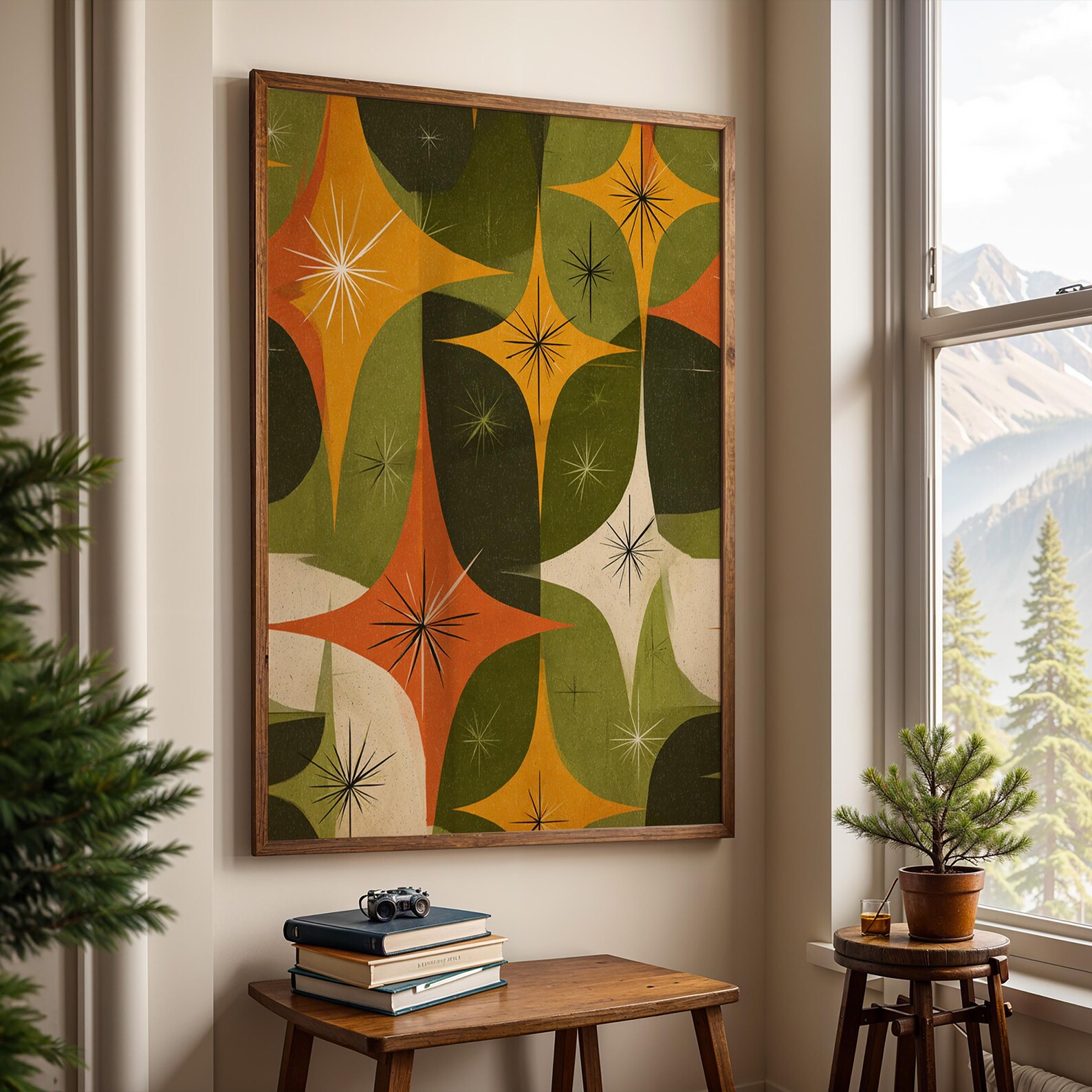Mid Century Modern Abstract Art Print, Retro Geometric Starbursts and ...