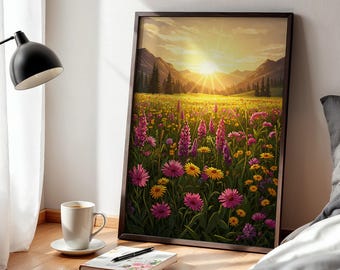Wildflower Meadow Sunrise Poster, Colorful Field and Mountain Landscape Wall Art for Nature Lovers, Bedroom, Office or Rustic Home Decor