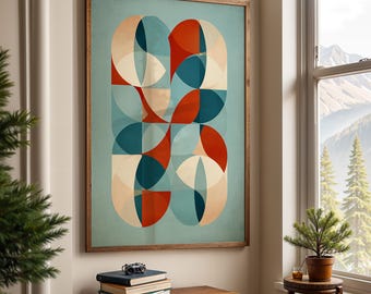 Abstract Geometric Art Print, Modern Red, Blue, and Beige Shapes, Minimalist Wall Art for Living Room or Office Decor, Unique Gift Idea