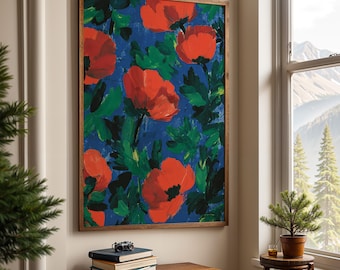 Bold Poppy Art Print, Vibrant Red Poppies with Blue Background, Abstract Floral Painting, Modern Wall Art for Living Room or Bedroom