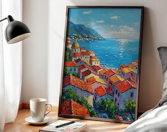Mediterranean Coast Poster Wall Art Framed, Colorful Seaside Village Print, Coastal Landscape Artwork for Living Room, Kitchen or Entryway