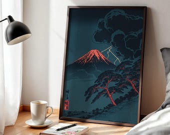 Ingelijste Fuji Ukiyo-e-poster, Aziatische kunst storm Lightning