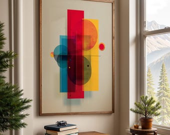 Abstract Geometric Art Print, Colorful Red, Yellow, and Blue Shapes, Modern Minimalist Wall Art for Living Room or Office, New Home Gift
