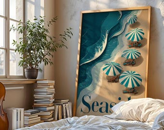 Retro Beach Print, Seaside Umbrellas, Vintage Coastal Decor