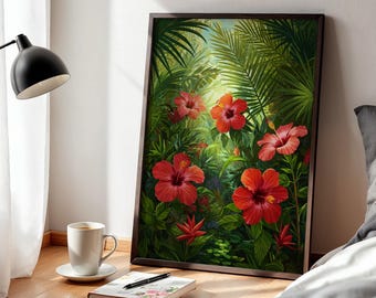 Póster de hibisco tropical con impresión artística de pared, decoración botánica enmarcada con flores de la selva para dormitorio, sala de estar o espacio para amantes de las plantas exóticas.