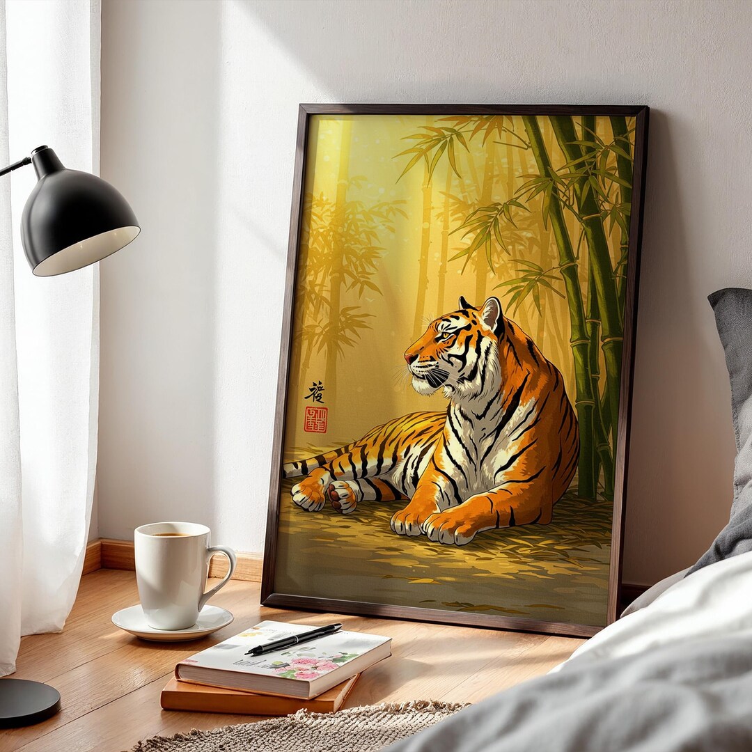 Framed Japanese Tiger Poster Bamboo Art Print, Zen Jungle Animal Wall ...
