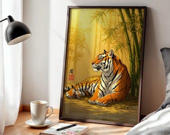 Gerahmter japanischer Tiger Poster Bambus Kunstdruck, Zen Jungle Tier Wanddekoration für Schlafzimmer Wohnzimmer oder Natur inspirierter Meditationsraum