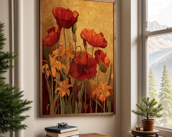 Red Poppy and Orange Lily Art Print, Vibrant Floral Painting with Gold Background, Nature-Inspired Wall Decor for Living Room or Bedroom