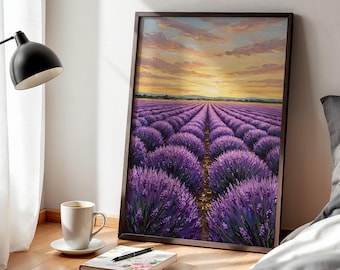 Lavender Field Poster Print Framed, Sunset Provence Landscape Wall Art, Purple Floral Nature Scene for Bedroom, Living Room or Office Decor