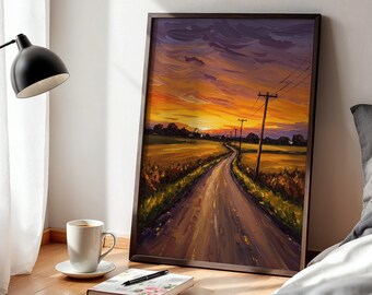 Impression d'affiche de route de coucher de soleil de campagne, art mural de paysage minimal encadré, décoration rustique chaude de nature pour le salon, la chambre à coucher ou l'entrée