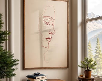 Lámina minimalista de arte lineal, rostro abstracto de mujer en rojo, retrato contemporáneo para decorar la pared del salón o el dormitorio, regalo único