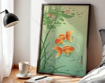 額入り日本の金魚ポスタープリント、禅の鯉の池の壁アート、浴室寝室や瞑想室のディスプレイに最適な平和な自然の装飾