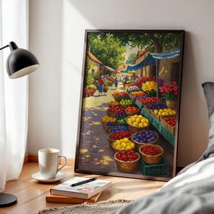 French Market Poster Print Framed, Colorful Fruit Stand and Flower Stall Wall Art, European Street Scene Decor for Kitchen or Dining Room