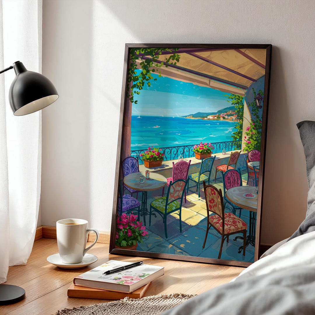 Mediterranean Cafe Poster Framed Coastal Terrace Wall Art, Seaside ...