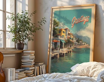 Vintage Beach Art Print  Greetings Retro Style Holiday Resort Print, Colorful Coastal Town with Sea View, Nostalgic Summer Decor Idea