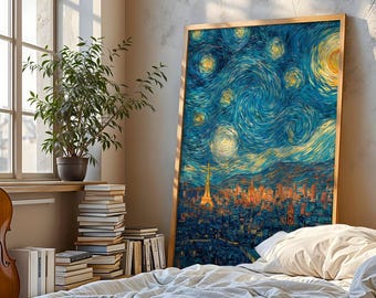 Lámina artística de la Torre Eiffel de noche: Paisaje parisino con cielo estrellado, obra inspirada en Van Gogh, arte moderno y vibrante para la decoración del hogar o la oficina.