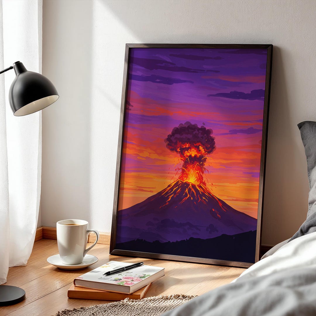 Volcano Eruption Poster Wall Art, Framed Lava Explosion Print, Sunset ...