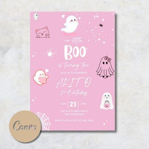 Pink Ghost 2nd Birthday Invitation: Halloween Party, Two Year Old (Digital Download)