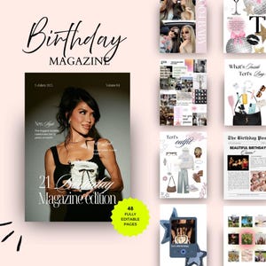 Puede incluir: Una portada de revista con el título "Birthday Magazine". La portada presenta a una mujer con un vestido negro sosteniendo un bolso blanco. El texto "21 Birthday Magazine edition" es visible, junto con "48 Fully Editable Pages."