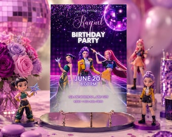 Plantilla de Canva editable para invitación de cumpleaños de Kpop neón estilo Kpop, ideal para principiantes. Descarga la invitación.
