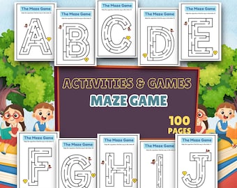 Afdrukbaar alfabet-doolhofspel: leeractiviteitenboek van 100 pagina's (digitale download)