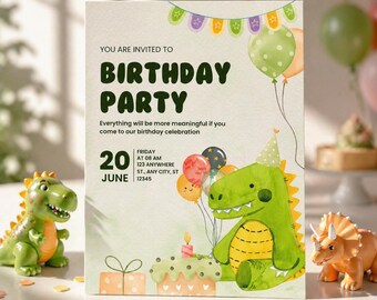 Invitación de cumpleaños de dinosaurios Plantilla editable de Canva Invitación para fiesta de cumpleaños de dinosaurios Tema jurásico Invitación de cumpleaños infantil imprimible Descarga