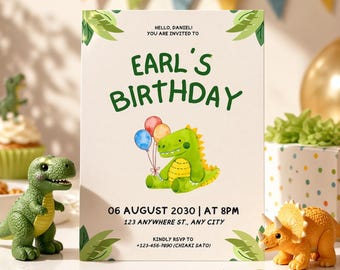 Haz que la fiesta de tu hijo luzca increíble al instante / Plantilla de invitación de dinosaurios / Canva editable