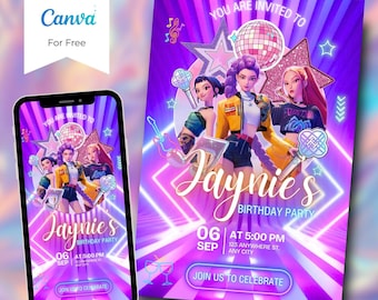 Invitación de cumpleaños con temática de animación Kpop neón en formato vertical de 5x7'' (descarga digital)