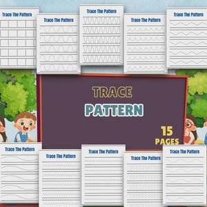 May include: A collection of 15 pages with tracing patterns for educational activities. Each page features different dotted lines and shapes for tracing practice. The title "Trace The Pattern" is displayed on each page, with a purple background and cartoon illustrations.