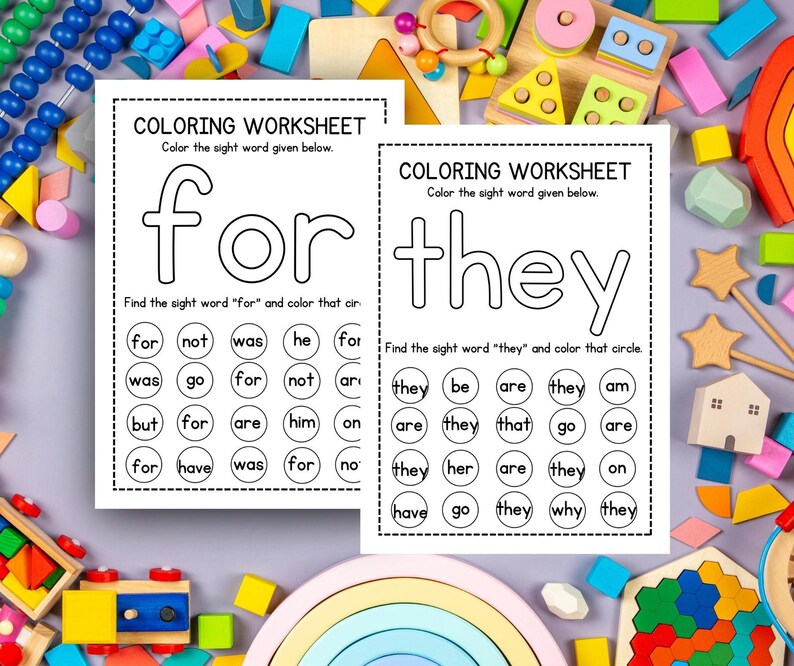 May include: Two white coloring worksheets with the words "for" and "they" printed in large, bold letters. Each worksheet has a section to find and color the sight word. The worksheets are surrounded by colorful wooden toys.