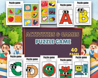 Afdrukbaar puzzelspelpakket voor kinderen: fruit, alfabet, leeractiviteiten objecten (40 pagina's)