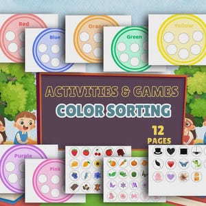 May include: Educational color sorting game with 12 pages. The image shows color-coded circles labeled Red, Orange, Yellow, Blue, Green, Purple, and Pink. Each circle has six smaller circles. The game includes various images for sorting.